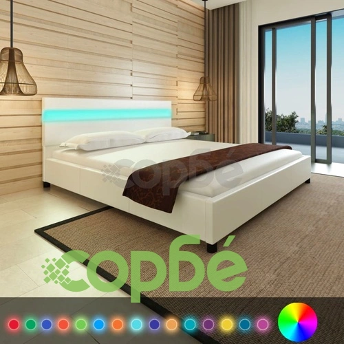 Рамка за легло с LED, бяла, изкуствена кожа, 180x200 cм ➤ топ цена ➤ sorbe.bg