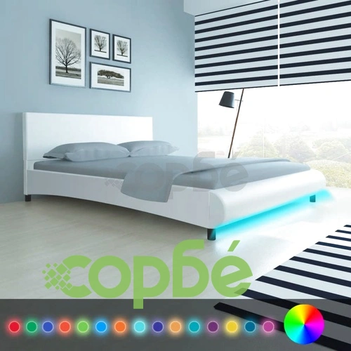 Рамка за легло с LED, бяла, изкуствена кожа, 160x200 cм ➤ топ цена ➤ sorbe.bg