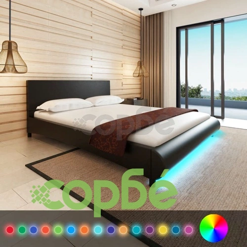 Рамка за легло с LED, черна, изкуствена кожа, 160x200 cм ➤ топ цена ➤ sorbe.bg