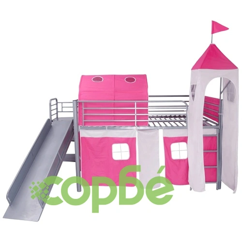 Легло със стълба, замък и пързалка, стомана, розово, 200x100 см ➤ топ цена ➤ sorbe.bg
