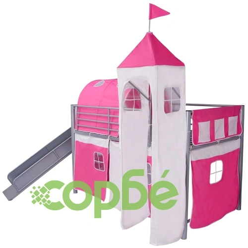 Легло със стълба, замък и пързалка, стомана, розово, 200x100 см ➤ топ цена ➤ sorbe.bg