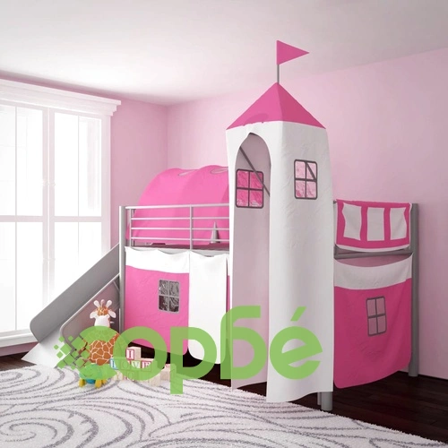 Легло със стълба, замък и пързалка, стомана, розово, 200x100 см ➤ топ цена ➤ sorbe.bg