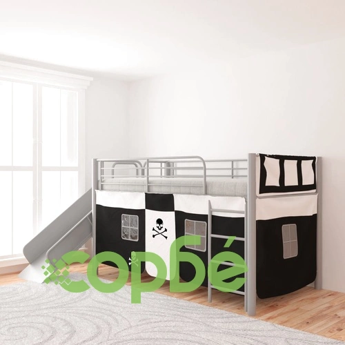 Високо легло със стълба и пързалка, стоманено, черно, 200x100cм ➤ топ цена ➤ sorbe.bg