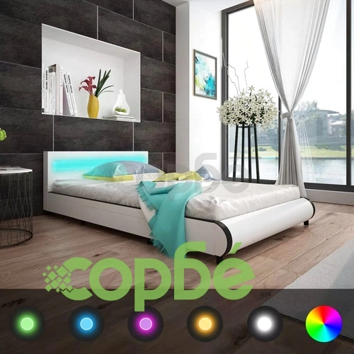 Рамка за легло с чекмеджета LED бяла изкуствена кожа 140x200 cм ➤ топ цена ➤ sorbe.bg