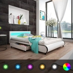 Рамка за легло с чекмеджета LED бяла изкуствена кожа 140x200 cм