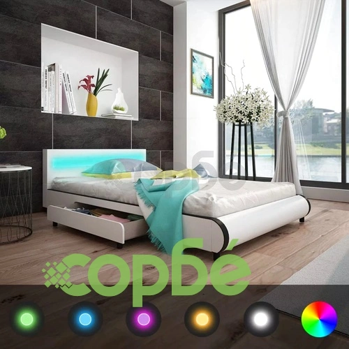 Рамка за легло с чекмеджета LED бяла изкуствена кожа 140x200 cм ➤ топ цена ➤ sorbe.bg