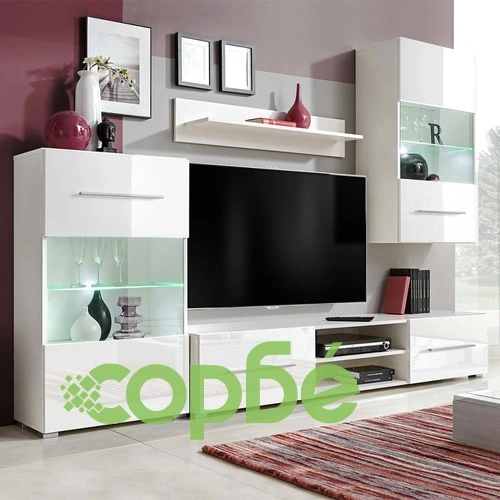 4 броя бели лъскави шкафове за ТВ комплект с LED осветление ➤ топ цена ➤ sorbe.bg