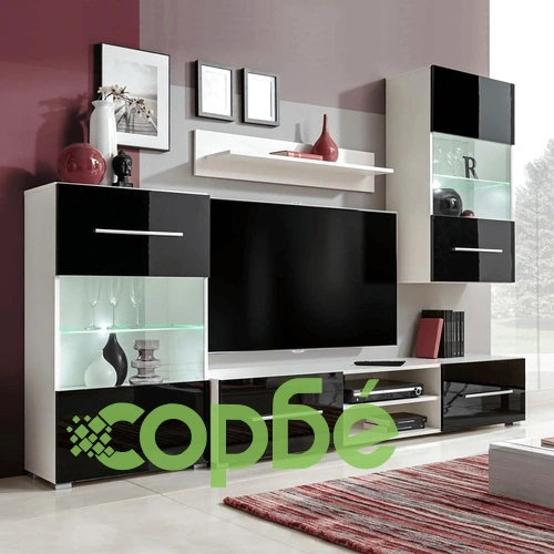 4 броя черни лъскави шкафове за ТВ комплект с LED осветление ➤ топ цена ➤ sorbe.bg