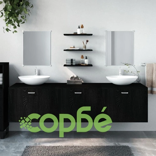 Комплект мебели за баня от 6 части, черен, инженерно дърво ➤ топ цена ➤ sorbe.bg