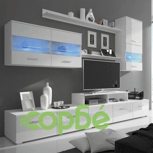 7 броя гланцирани бели шкафове за ТВ комплект с LED, 250 см, бели ➤ топ цена ➤ sorbe.bg