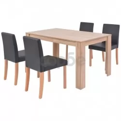 Трапезна маса и столове, 5 части, изкуствена кожа, дъб, черно