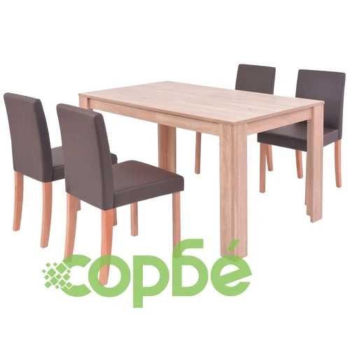 Трапезна маса и столове, 5 части, изкуствена кожа, дъб, кафяво ➤ топ цена ➤ sorbe.bg