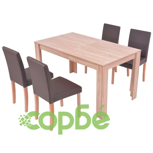 Трапезна маса и столове, 5 части, изкуствена кожа, дъб, кафяво ➤ топ цена ➤ sorbe.bg