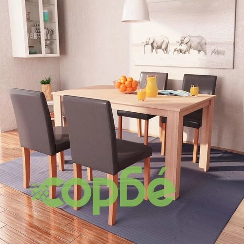 Трапезна маса и столове, 5 части, изкуствена кожа, дъб, кафяво ➤ топ цена ➤ sorbe.bg