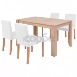 Трапезна маса и столове, 5 части, изкуствена кожа, дъб, кремаво
