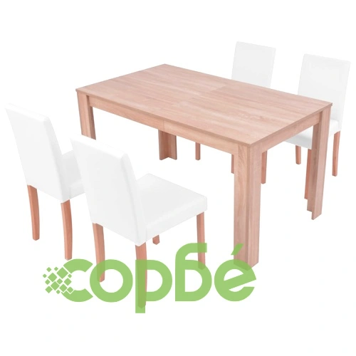 Трапезна маса и столове, 5 части, изкуствена кожа, дъб, кремаво ➤ топ цена ➤ sorbe.bg