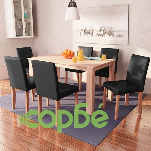 Трапезна маса и столове, 7 части, изкуствена кожа, дъб, черно ➤ топ цена ➤ sorbe.bg