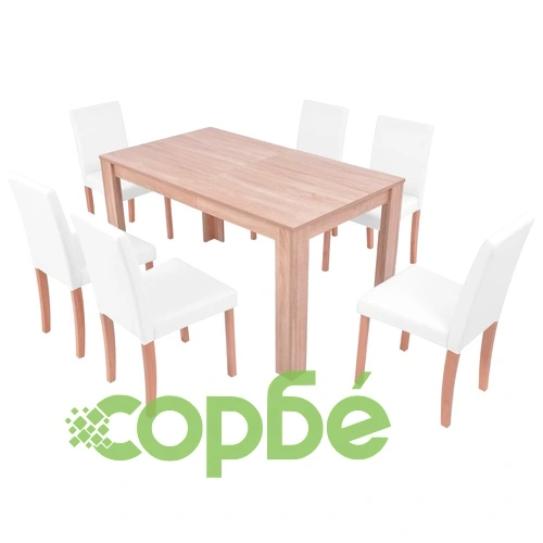 Трапезна маса и столове, 7 части, изкуствена кожа, дъб, кремаво ➤ топ цена ➤ sorbe.bg