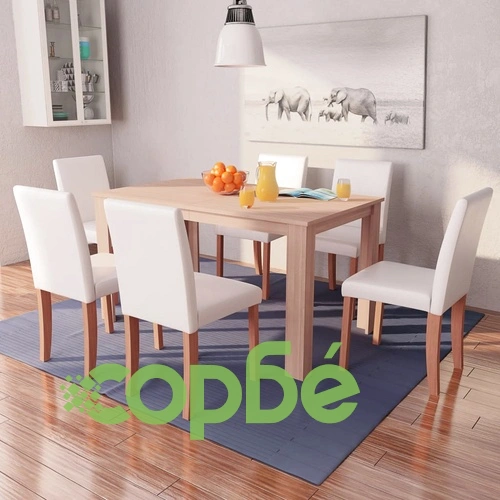 Трапезна маса и столове, 7 части, изкуствена кожа, дъб, кремаво ➤ топ цена ➤ sorbe.bg