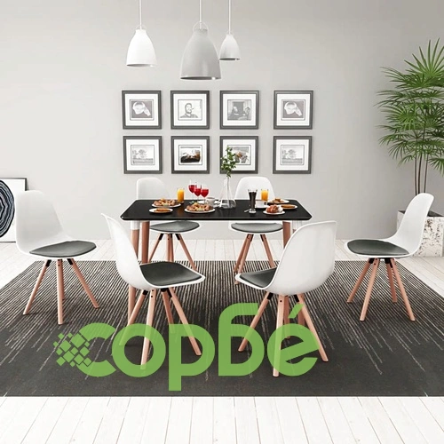 Трапезен комплект от 7 части, маса и 6 стола, бяло и черно ➤ топ цена ➤ sorbe.bg