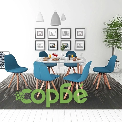 Трапезен комплект от 7 части, маса и 6 стола, бяло и синьо ➤ топ цена ➤ sorbe.bg