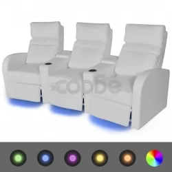 LED диван реклайнер, 3-местен, изкуствена кожа, бял 