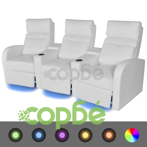 LED диван реклайнер, 3-местен, изкуствена кожа, бял ➤ топ цена ➤ sorbe.bg