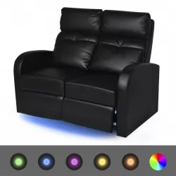 LED диван реклайнер, 2-местен, изкуствена кожа, черен 
