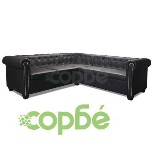 Ъглов диван Честърфийлд, 5-местен, изкуствена кожа, черен  ➤ топ цена ➤ sorbe.bg