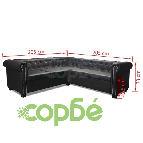 Ъглов диван Честърфийлд, 5-местен, изкуствена кожа, черен  ➤ топ цена ➤ sorbe.bg