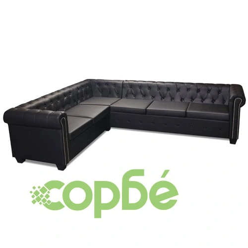 Ъглов диван Честърфийлд, 6-местен, изкуствена кожа, черен    ➤ топ цена ➤ sorbe.bg