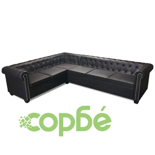 Ъглов диван Честърфийлд, 6-местен, изкуствена кожа, черен    ➤ топ цена ➤ sorbe.bg