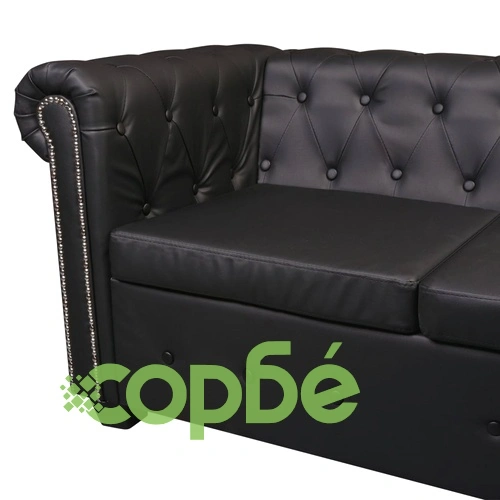 Ъглов диван Честърфийлд, 6-местен, изкуствена кожа, черен    ➤ топ цена ➤ sorbe.bg