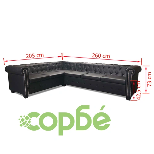 Ъглов диван Честърфийлд, 6-местен, изкуствена кожа, черен    ➤ топ цена ➤ sorbe.bg