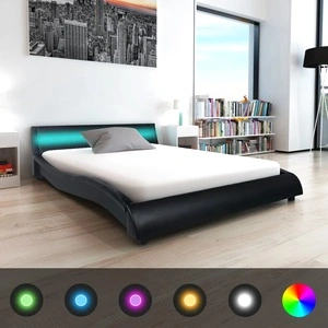 Рамка за легло с LED, черна, изкуствена кожа, 140x200 cм