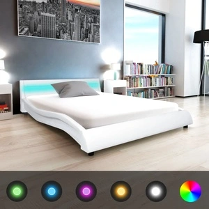 Рамка за легло с LED, бяла, изкуствена кожа, 140x200 cм
