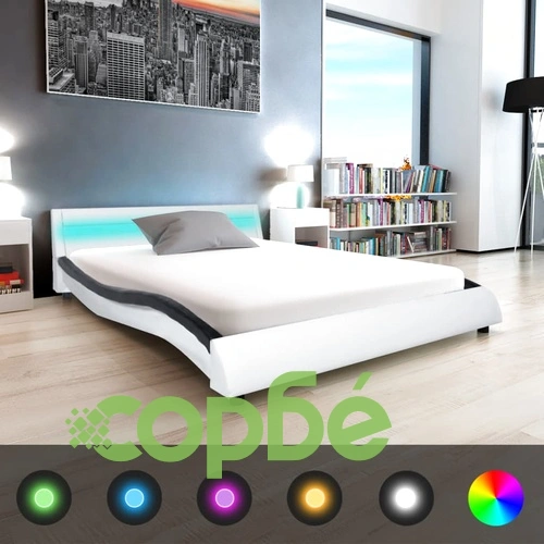 Рамка за легло с LED, черно и бяло, изкуствена кожа, 140x200 cм ➤ топ цена ➤ sorbe.bg