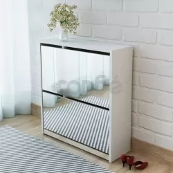 Шкаф за обувки с двойно огледало, бял, 63x17x67 cм
