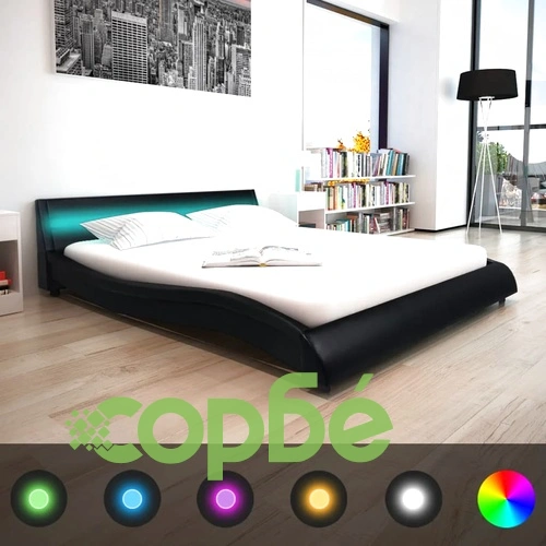 Рамка за легло с LED, черна, изкуствена кожа, 160x200 cм ➤ топ цена ➤ sorbe.bg