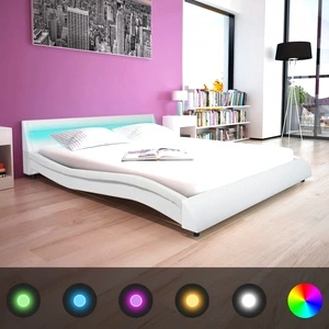 Рамка за легло с LED, бяла, изкуствена кожа, 160x200 cм
