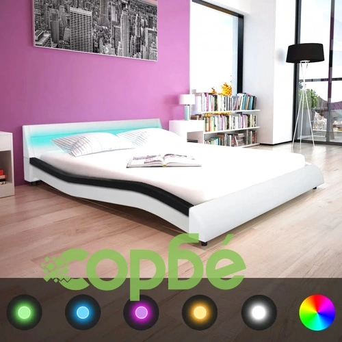Рамка за легло с LED, черно и бяло, изкуствена кожа, 160x200 cм ➤ топ цена ➤ sorbe.bg