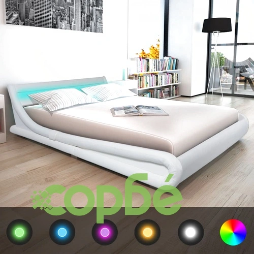 Рамка за легло с LED, бяла, изкуствена кожа, 160x200 cм ➤ топ цена ➤ sorbe.bg