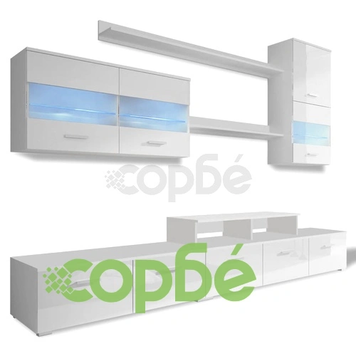 Комплект за ТВ център с LED, 250 см, силен гланц, бял ➤ топ цена ➤ sorbe.bg
