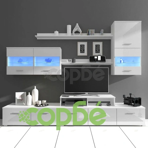 Комплект за ТВ център с LED, 250 см, силен гланц, бял ➤ топ цена ➤ sorbe.bg
