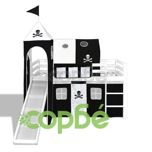 Детско легло, второ ниво с пързалка и стълба, дърво, черно/бяло  ➤ топ цена ➤ sorbe.bg