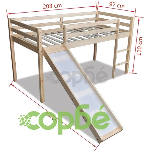 Детско легло, високо, с пързалка и стълба, естествено дърво  ➤ топ цена ➤ sorbe.bg