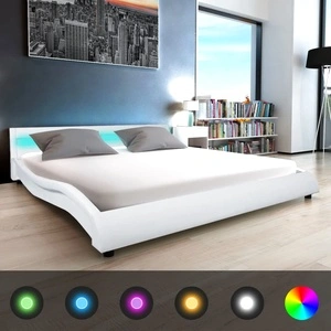 Рамка за легло с LED, бяла, изкуствена кожа, 180x200 cм