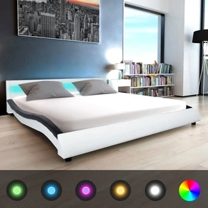 Рамка за легло с LED, бяло и черно, изкуствена кожа, 180x200 cм