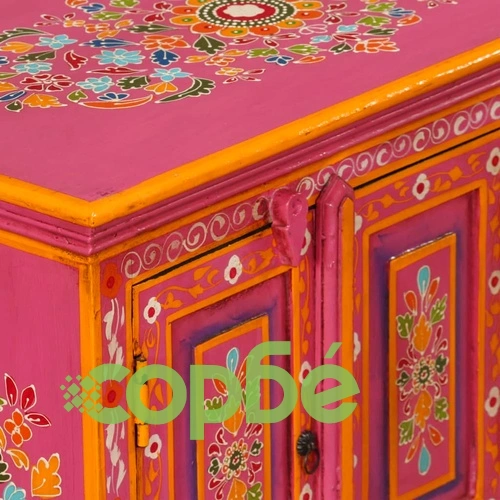 Шкаф за телевизор, мангово дърво масив, розов, ръчно рисуван  ➤ топ цена ➤ sorbe.bg