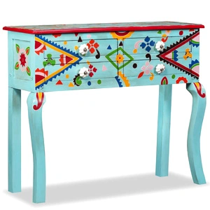 Конзолна маса, мангова дървесина масив, синя, ръчно рисувана 